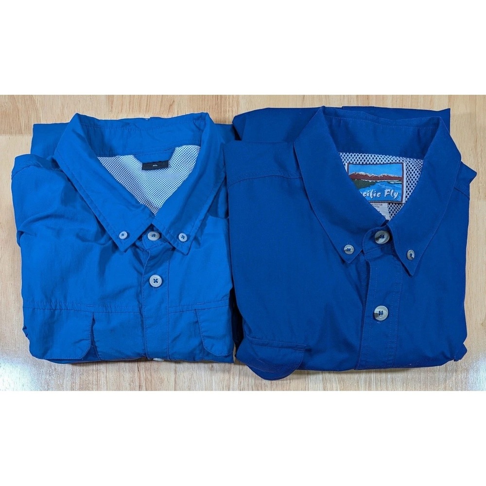 Lot of 2 Naviskin & Pacific Fly Mens XL Fishing Shirts Blue Long Sleeve Vented